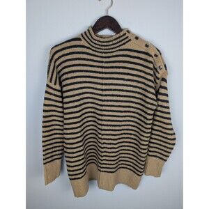 LED Luxe Essentials Denim Striped Sweater Small Tan Black Mock Neck Button